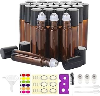 Mavogel 24pack, 10ml Roller Bottles for Essential Oils - Amber, Glass with Stainless Steel Roller Balls (3 Extra Roller Balls, 54 Pieces Labels, Opener, Funnel, Dropper, Brush Included)