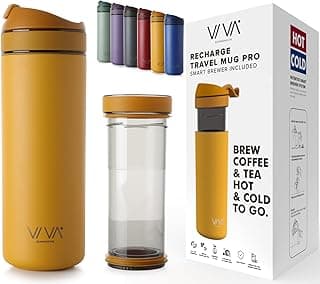 VIVA Recharge Mustard Insulated Tea & Coffee Mug & Travel French Press Coffee Maker, 16 oz, Brew & Drink From the Same Coffee Mug On the Go or Camping