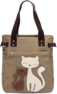 Valentoria Canvas Tote Handbag for Women Cute Cat Embroidery Shoulder Purse Large Zipper Travel Work Shopping Grocery Bags image