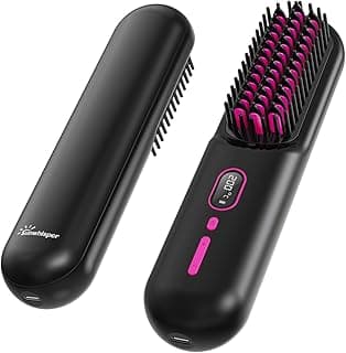 Cordless Hair Straightener Brush - 20 Million Anion Hair Straightener Brush for Women, Portable Straightening Brush for Travel, LCD Display, 2 Hair Clips, Black image