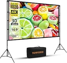 Projector Screen with Stand, Towond 100 inch Outdoor Projector Screen Portable Indoor Projection Screen 16:9 4K Rear Front Movie Screen with Carry Bag for Home Backyard Theater image