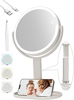 Starlight Vanity Mirror with Lights, 2-Sided Makeup Mirror with 3 Color Adjustable Brightness Light, Magnifying Mirror with Phone Holder and Storage Tray, Vanity Mirror for Home Travel 8in image