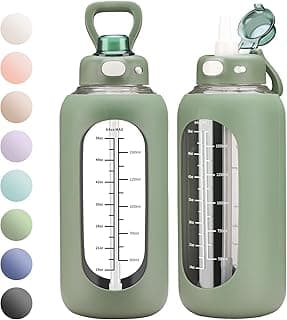SIEROZUR 64 oz Glass Water Bottle with Straw and Handle Large Sports Motivational Water Bottle Flask with Time Marker Leakproof Water Jug with Silicone Sleeve for Gym image
