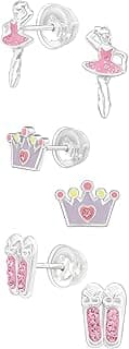 925 Sterling Silver Set of 3 Pairs Ballerina, Pink Crystal Ballet Slippers, Princess tiara Stud Earrings (Nickel Free) image