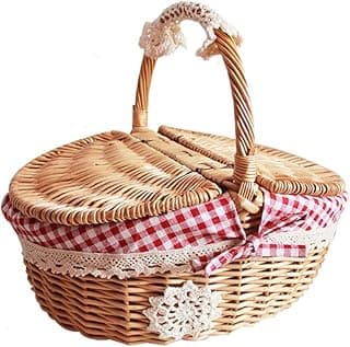 Handmade Wicker Picnic Basket with Handle Picnic Willow Woven Storage Hamper Outdoor Camping Picnic Fruit Basket (D 25x26x18cm) image