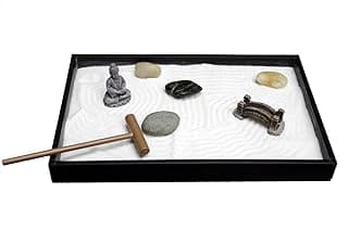 Nature's Mark Mini Zen Garden Kit for Desk with Rake, White Sand, Buddha Figures, Bridge Figure and River Rocks, Black Rectangle Base image