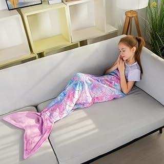 Mermaid Tail Blankets Glittering Wearable Cute Cozy Soft Flannel Rainbow Colorful Mermaid Tail Blanket for Kids 5~12 Year image