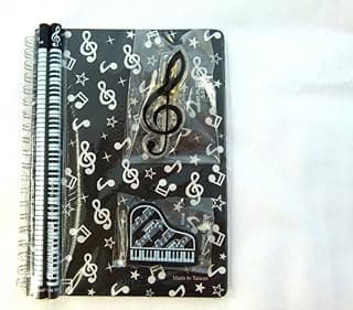 Music Themed Stationery Notebook Set - Black Musical Notes Spiral Bound Notebook, Piano Eraser, Treble Clef Clip and 2 Musical Notes Pencils image