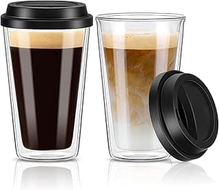 2 Packs Double Walled Glass Coffee Mugs with Silicone Lids, 12 OZ Reusable Glass Coffee Cups, Insulated Coffee Mugs, Cappuccino,Tea,Latte,Iced Coffee Cups, Glass Travel Mug, Heat Resistant image