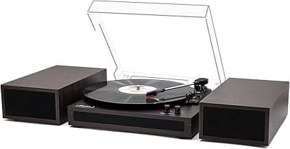 LP&No.1 Vinyl Record Player with Stereo Bookshelf Speakers, Vintage Wood Finish, 3-Speed Belt-Drive Turntable with Wireless Input Playback Mode, RCA Output, Auto Stop | Brown image