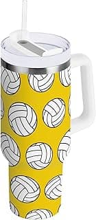 Volleyballs Pattern on Yellow Insulated Water Bottle Double Wall Stainless Steel Travel Mug Cup with Handle and Straw - 30 oz image