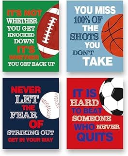 Colorful Sport Inspirational Quote Art PrintBasketball Football Baseball Soccer Sport Motivotional Saying Canvas Wall Art(8”X10”X4 pieces, Unframed)Sport Themed for Boy Playroom Classroom image