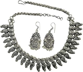 Jewelry set oxidised silver choker sets having Black Drawstring dori traditional Indian tribal black and silver collar Choker Metal Necklace set with earrings for women image