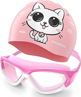 Kids Swim Goggles and Kids Swim Cap set for Age 6-10 (Pink) image
