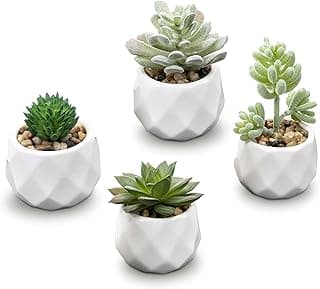 MyGift Set of 4 Mini Assorted Artificial Succulent Fake Plants in Modern White Textured Ceramic Plant Pots image