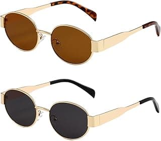2 Pack Trendy Oval Sunglasses for Women Retro Designer Gold Sun Glasses Classic Metal Frame Shades 90s image