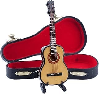 Dselvgvu Wooden Miniature Guitar with Stand and Case Mini Musical Instrument Miniature Dollhouse Model Home Decoration (5.12"x1.85"x0.67") image