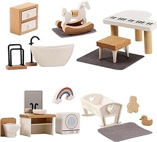 Wooden Dollhouse Furniture Set, 20 Pcs Miniature Dollhouse Accessories，Children's Room and Bathroom Set，Wooden Doll House Pretend Play Furniture Toys for Boys Girls & Toddlers image