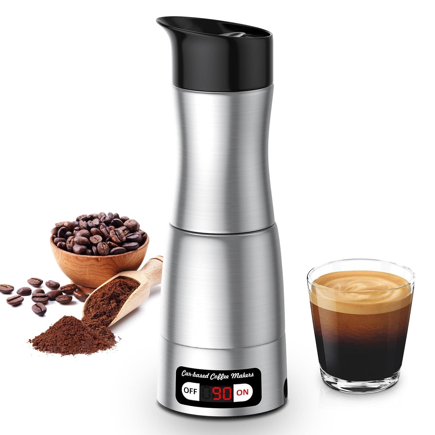 12V Coffee Maker, 3-In-1 Portable Coffee Maker with 24V/110V, Stainless Steel Self-Heating 150ml Car Espresso Machine for Travel, Camping, Home, Office, RV, Truck