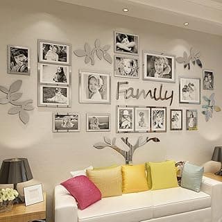 Family Tree Wall Decor Acrylic 3D DIY Mirror Stickers Collage Picture Frame Home Decorations for Living Room Bedroom Farm House Dinning Kitchen Office Silver Set Large 71x45 Inch image