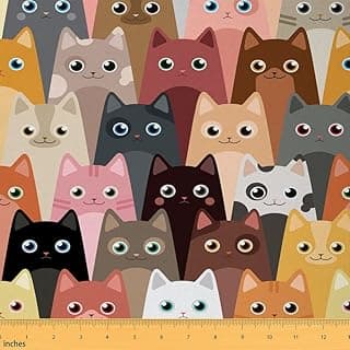 Cartoon Cats Upholstery Fabric by The Yard, Cute Cat Print Decorative Fabric for Upholstery and Home DIY Projects, Kawai Animals Waterproof Outdoor Fabric, 1 Yard, Yellow image