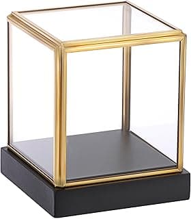 Hipiwe Glass Display Case for Collectibles Vintage Gold Display Box with Black Wood Base for Plants Action Figurine Models Clear Keepsake Box, Square, 3.3x3.3x3.6 Inch image