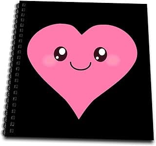 3dRose db_113106_1 Cute Smiling Pink Heart Kawaii Love Theme Smiley Face Romantic Sweet Anime Style Cartoon Black Drawing Book, 8 by 8" image