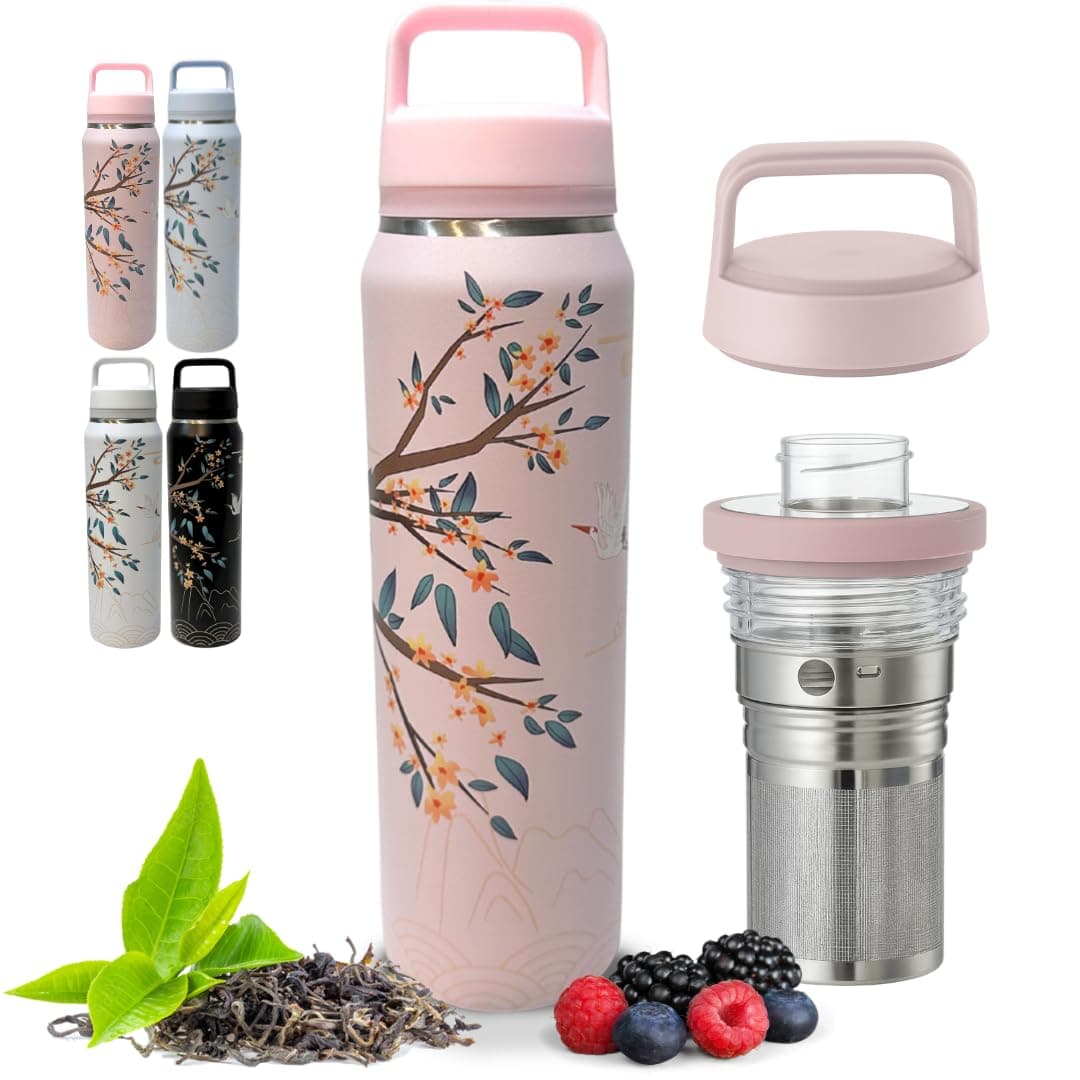 Farasi Insulated Stainless Steel Water Bottle with Tea Infuser - Wide Mouth Coffee, Fruit, Loose Leaf Tea Infuser Bottle - Leakproof Built In Handle Travel Pink Floral 24 oz Tumbler image