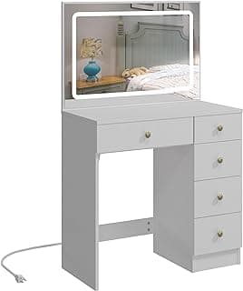 Makeup Vanity with Large Lighted Mirror, Vanity Desk with 5 Drawers Vanity Set with Power Outlet 3 Color Lighting Modes Dressing Table for Women Girls (White) image