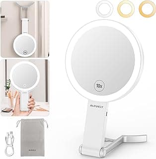 Alovely Travel Makeup Mirror with Lights, Portable Mirror 2-Sided 10X /1X Magnifying Mirror with Light, Travel Mirror with Lights and Magnification, 3 Color Lighting, Dimmable Touch Screen Handhold image
