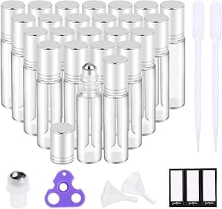PrettyCare Set of 24, 10 ml Essential Oil Roller Bottles with Stainless Steel Roller Ball - Refillable Leak-proof Empty Thick Clear Glass Roll on Bottles with Silver Metal Caps for Travel, Perfume