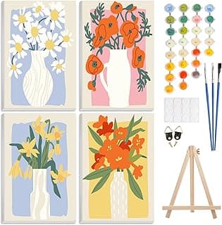 4 Pack Paint by Number Kit for Adults Framed Canvas, DIY Adult Paint by Number Kits with Easel, Acrylic Easy Paint by Numbers for Beginners, Flower Vase Arts and Crafts for Home Decor 8x12inch image