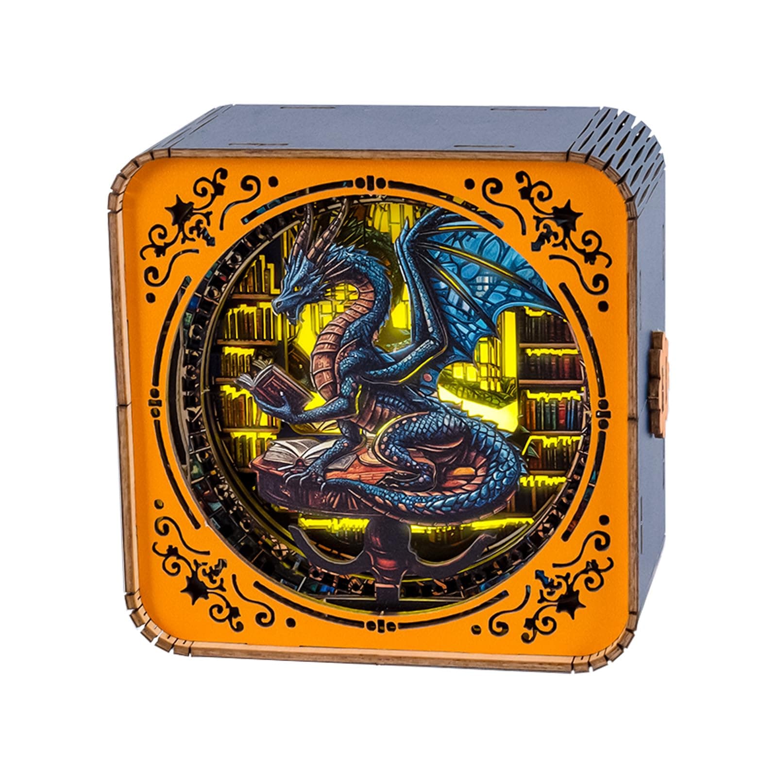 WOODBESTS Wooden Puzzles 3D Nightlight(Library's Dragon) DIY Wooden Puzzles for Adults-3D Wooden Puzzle Night Light for Seniors-Exquisite Desk Decor for DIY Puzzle Lovers