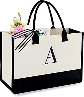BeeGreen Birthday Gifts For Women 13oz Canvas Tote Bag with Pocket Initial Gifts For Sister Mom Friends Teacher image