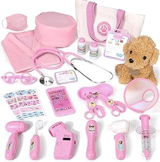 Doctor Kit for Toddlers 3 4 5 Years Old, Kids Veterinarian Playset with Dog Toy, Real Stethoscope & Medical Bag, Pretend Play Doctor Set for Girls Boys Birthday (Pink)