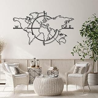 Metal World Map Wall Art - Compass Decor for Home Office, Bedroom & Living Room (24" x 13"|62 x 32, Black)