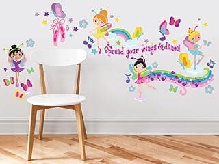 Ballerina Fabric Wall Decals, Set of 4 Beautiful Ballerinas with Butterflies, Musical Notes, Rainbow and More, Repositionable & Reusable image