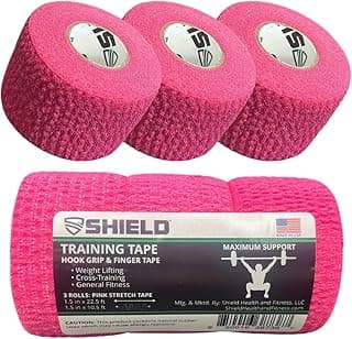 SHIELD | Weightlifting Tape - Made in USA, Hook Grip, Cross-Training, WOD Grip Tape 3-Pack– Durable, Non-Slip, Comfortable Stretchy Athletic Tape – Thumb, Wrist, Finger Protection (Pink)