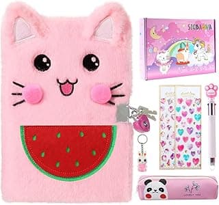Cat Diary with Lock and Keys for Girls, Kids Journal School Travel Notebook Gift Set for Writing and Drawing, Secret Diary with Pencil Case Multicolored Pen Stickers Keychain image