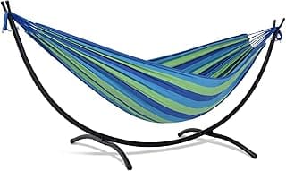 SUNCREAT Portable Outdoor Hammock with Stand Included, Double Hammock with Stand for Outside, Blue & Green Stripes image