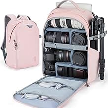 BAGSMART Camera Backpack, DSLR SLR Camera Bag Backpack Fits 15.6 Inch Laptop,Anti-Theft Waterproof Camera Case for Photographers and Women,with Rain Cover,Tripod Holder,Pink image