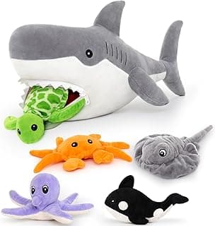 MorisMos 23in Shark Stuffed Animal with 5 Sea Stuffed Animal Friends - Turtle, Whale, Octopus, Stingray, Crab Plush, Shark Plush Toy with 5 Babies Inside, Plush Shark Pillow for Sea Animal Lovers image