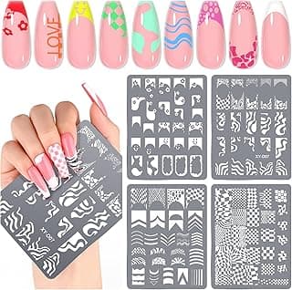 Saviland Nail Art Stamper Plates: 4PCS French Nail Stamping Plates French Line Nail Stamp Templates Plaid Wave Stripes Patterns Nail Stencils Plate Reusable Stainless Steel Nail Tools image