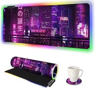 ARTSO Large RGB Gaming Mouse Pad Purple, Extended Soft Led Mouse Pad with 14 Lighting Modes, Water Resist Keyboard Pad, Non-Slip Rubber Base Computer Mousepads Mat 35.4x15.7inch,Purple Neon Sign image