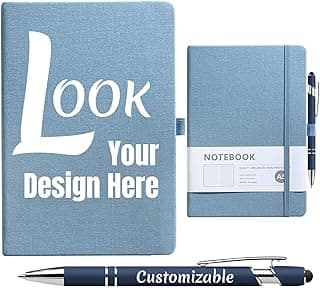 Custom Notebook and Personalized Ballpoint Pen Set, Customizable A5 Journal with Personalized Engraved Logo/Text/Image, 192 Pages, 8.3 x 5.8 Inches, Blue image