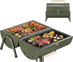 Portable Charcoal Grill, Small BBQ Grill with Smoker Double-Side Use Outdoor for Camping, Tabletop Compact Barbecue Grill, Green image