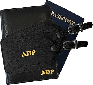 Personalized Monogrammed Black Leather RFID Passport Wallet and 2 Luggage Tags