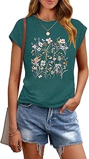 AKEWEI Womens Vintage Flower Print T Shirt Funny Cute Animal Graphic Tees Tops Loose Casual Outdoor Shirt image