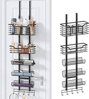Consmest 6-Tier Hair Tool Organizer - Hair Dryer Holder Over The Door/Wall Mounted DIY Adjustable Shelf Bathroom Hair Styling Tool Organizer with Hook for Curling Iron/Blow Dryer/Straightener Black image