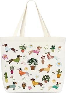 Canvas Tote Bag, Book Tote Bag, Dachshund Tote Bag, Potted Plant Lover Gift, Funny Tote Bag, Library Tote, Reusable Grocery Shopping Bag, Library Shoulder Bag For Women Pet Lover Friend Bookworm B(01) image